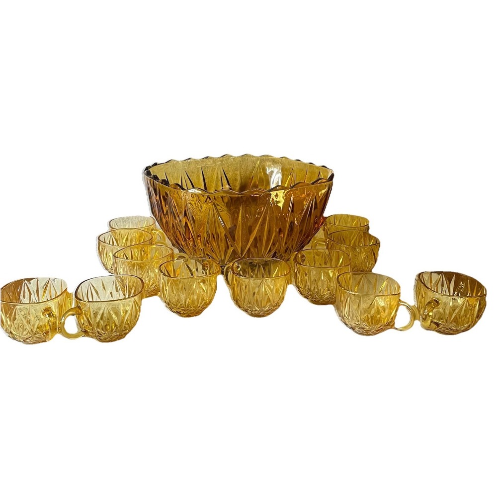Hazel Atlas Williamsport Gold Glass Punch Bowl Set w/ Cups, 26 Piece Service - Picture 1 of 12